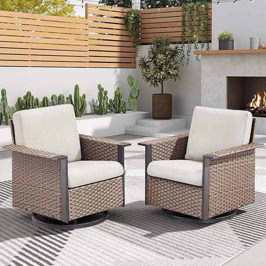 Patio Wicker Chairs Swivel Rocker-Outdoor Swivel Rocking Patio Chairs Set of 2,Wide Armrest Wicker Chair Outdoor Patio Furniture Set with Covered Cushions for Porch Balcony Patio Deck Brown/Beige