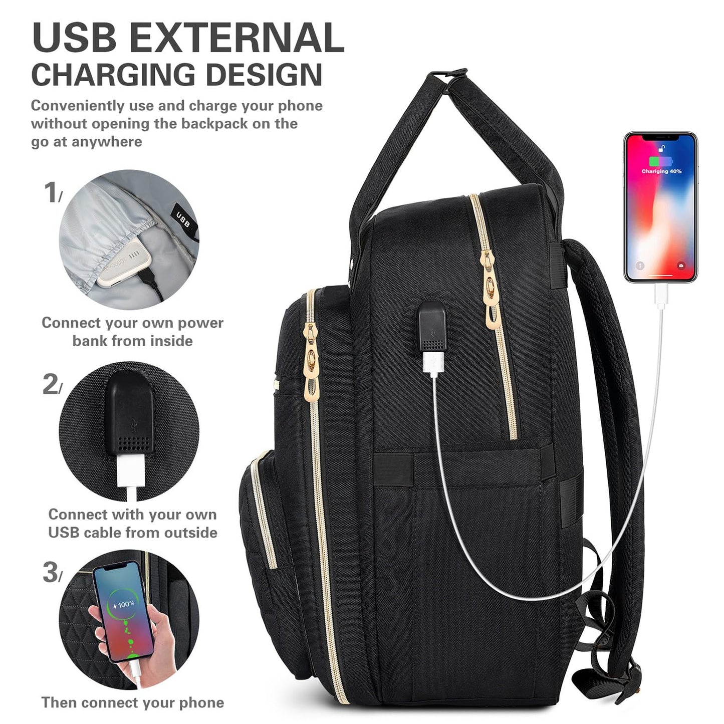 ETRONIK Lunch Backpack for Women, 15.6 inch Laptop Backpack with USB Port, Teacher Nurse Work Backpack with Insulated Cooler Lunch Bag, Travel Bags for Women & Men, Gift, Black