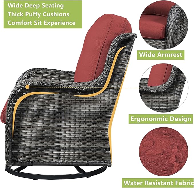 Rilyson Wicker Patio Furniture Set - 7 Piece Rattan Outdoor Sectional Conversation Sets with 2 Rocking Swivel Chairs,2 Ottomans,2 Sofa and 1 Coffee Table for Porch Deck Garden(Mixed Grey/Red)