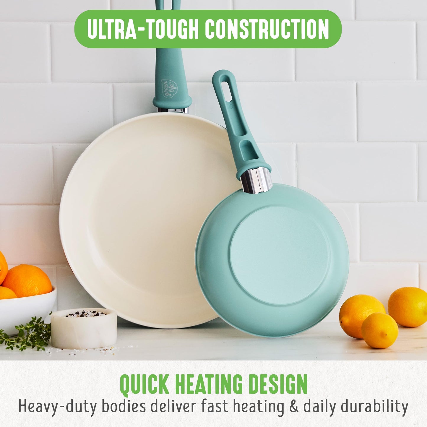 GreenLife Non Stick Fry Pan Set (7" & 10"), Non-Toxic PFAS-Free Ceramic Skillets, Dishwasher & Oven Safe, Egg Omelet Frying Pans, Stay- Cool Handles, Kitchen Home Cooking Essentials, Turquoise