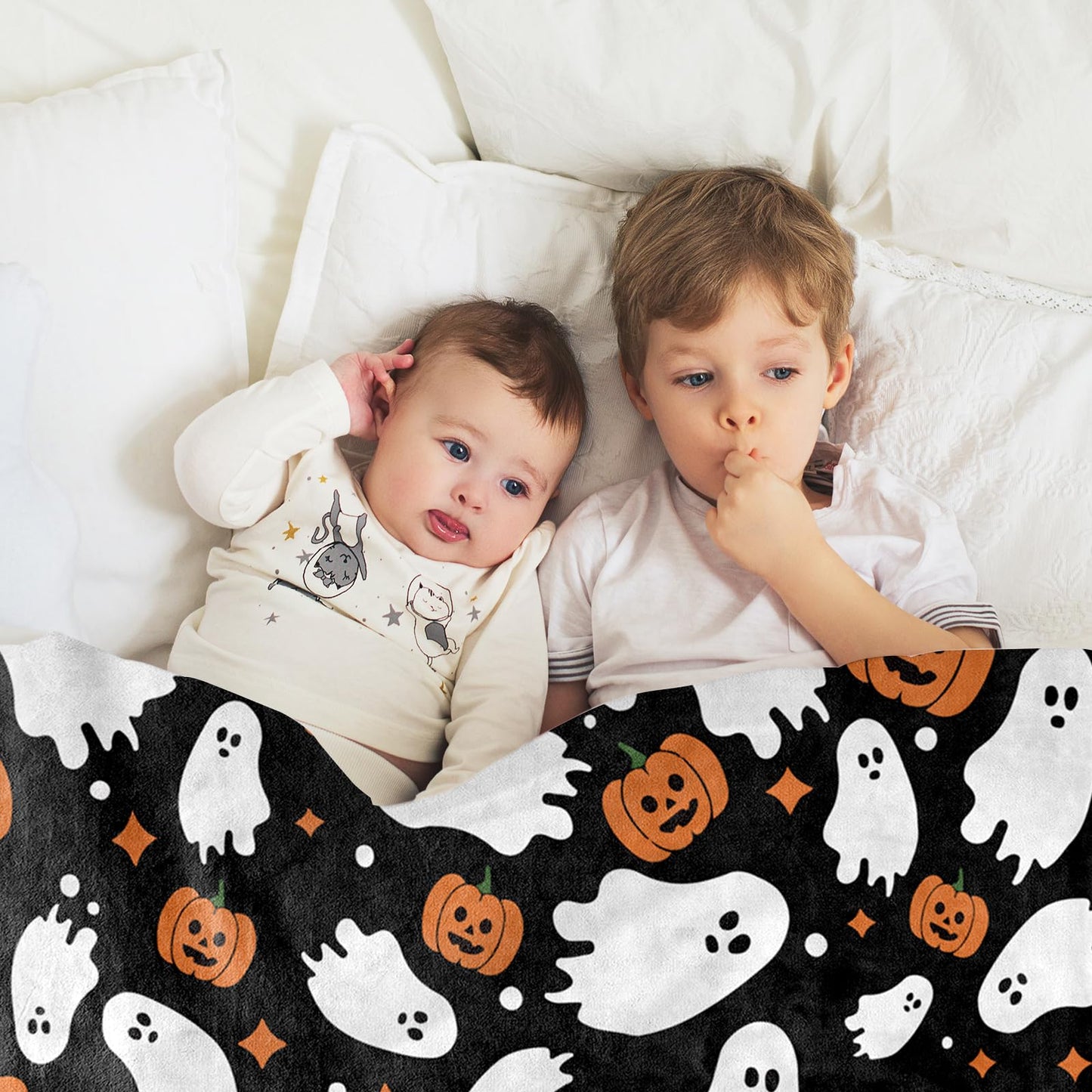JarThenaAMCS Halloween Fuzzy Flannel Blanket 60 x 50 Inch Ghost Pumpkin Throw Blanket Black Soft Blanket for Farmhouse Home Chair Sofa Couch Bed