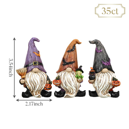 Valery Madelyn Gnomes Halloween Decorations Indoor, 3 Pcs Resin Gnome Decor for Home with Bat Witch Hat, Halloween Figurines Elf Dwarf with Broom Jack O Lantern for Table Tiered Tray Outdoor, 3.6"