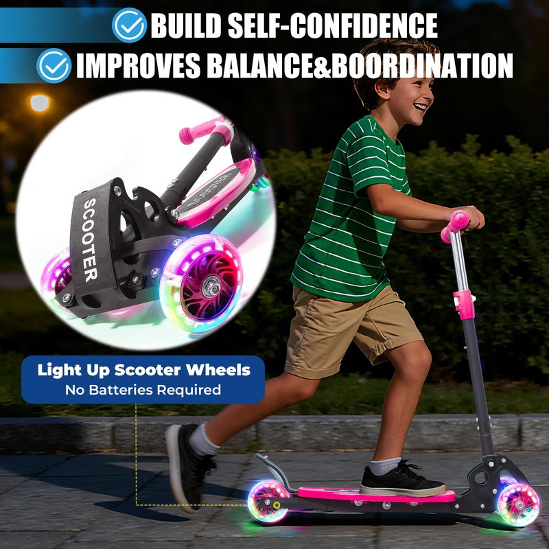 Kids 3-Wheel Kick Scooter – Adjustable Height, Gravity Steering, & LED Wheels, Foldable for Travel, Durable Metal Frame Supports up to 180 lbs