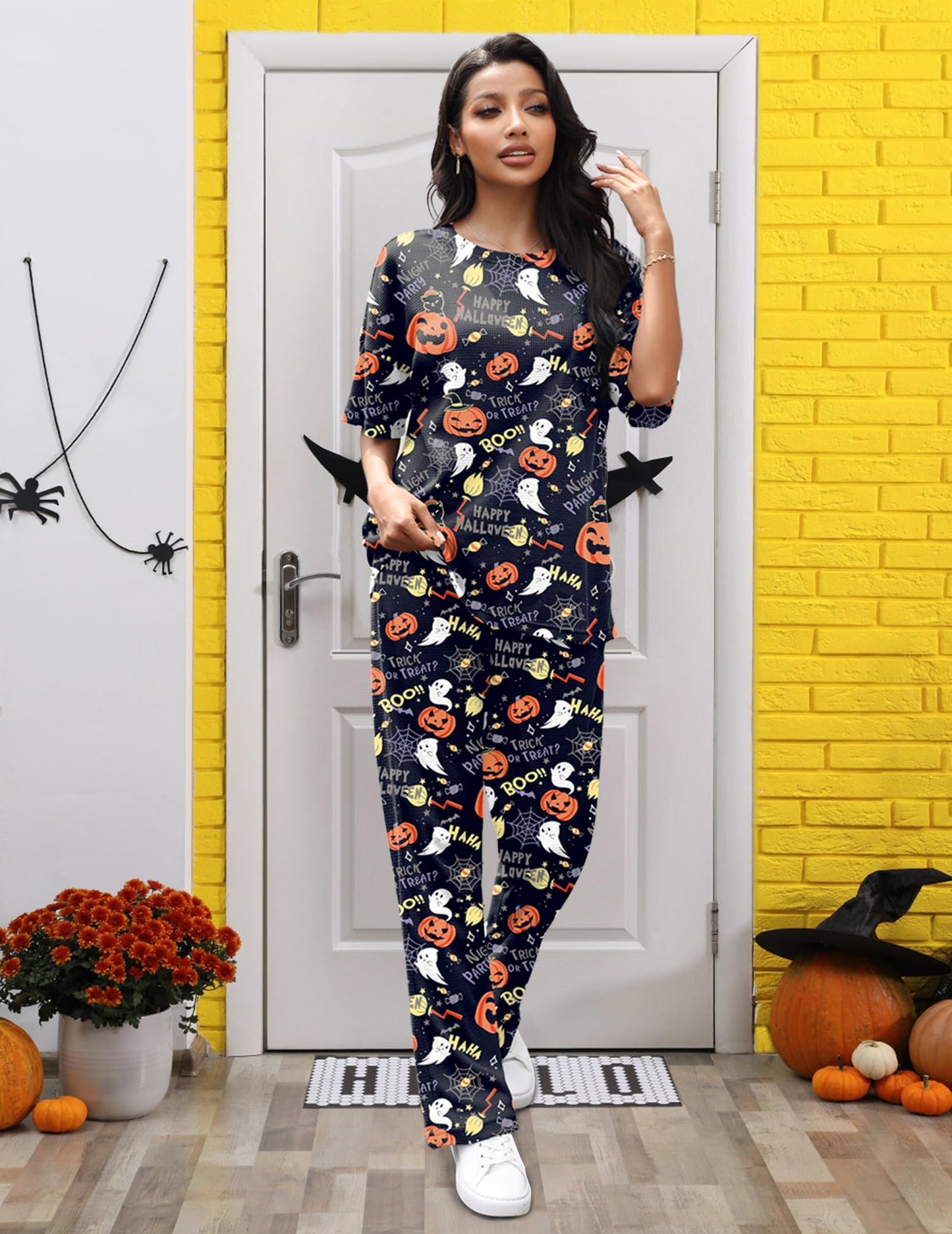 JiniGolla Women's Sleepwear Halloween Ghost Loungewear Pumpkins Pj 2 Piece Pajama Loose Lounge Set XL
