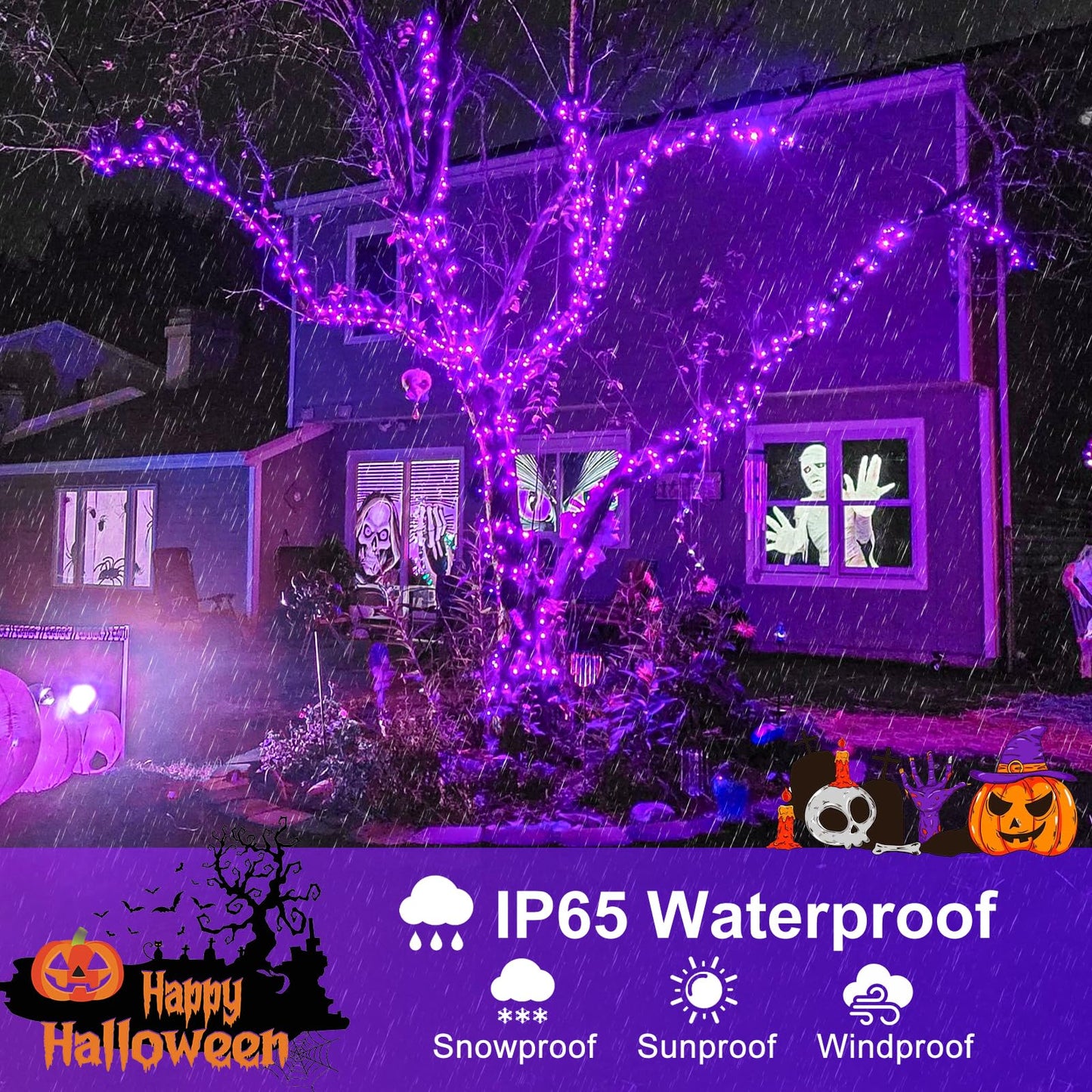 Nielfoi Purple Halloween Lights Outdoor, 100FT 300 LED Halloween String Lights with 8 Modes Waterproof, Plug in Green Wire Twinkle Tree Light for Indoor House Patio Garden Party Decorations