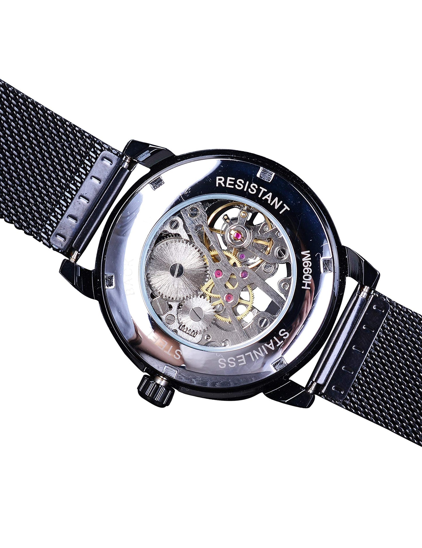 FORSINING Black Mechanical Watch for Men Minimalist Retro Design Staempunk Mechanical Skeleton Wrist Watch Transparent Business Mesh Band Watch