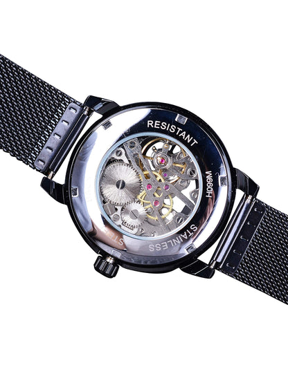 FORSINING Black Mechanical Watch for Men Minimalist Retro Design Staempunk Mechanical Skeleton Wrist Watch Transparent Business Mesh Band Watch