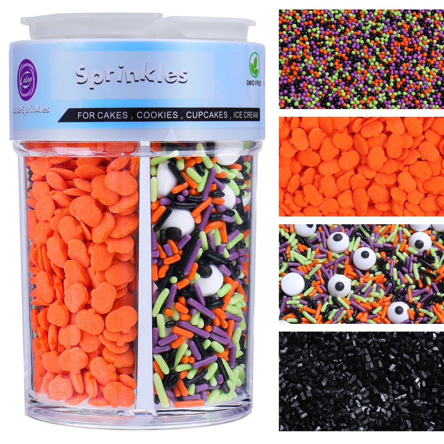 Halloween Sprinkles Edible for Cake Decorating, 8Oz Fall Sprinkles with Black Orange Purple Nonpareils and Jimmies, Eyeball, Black Sugar and Orange Pumpkin for Cupcakes Cookie Ice Cream Baking Topping
