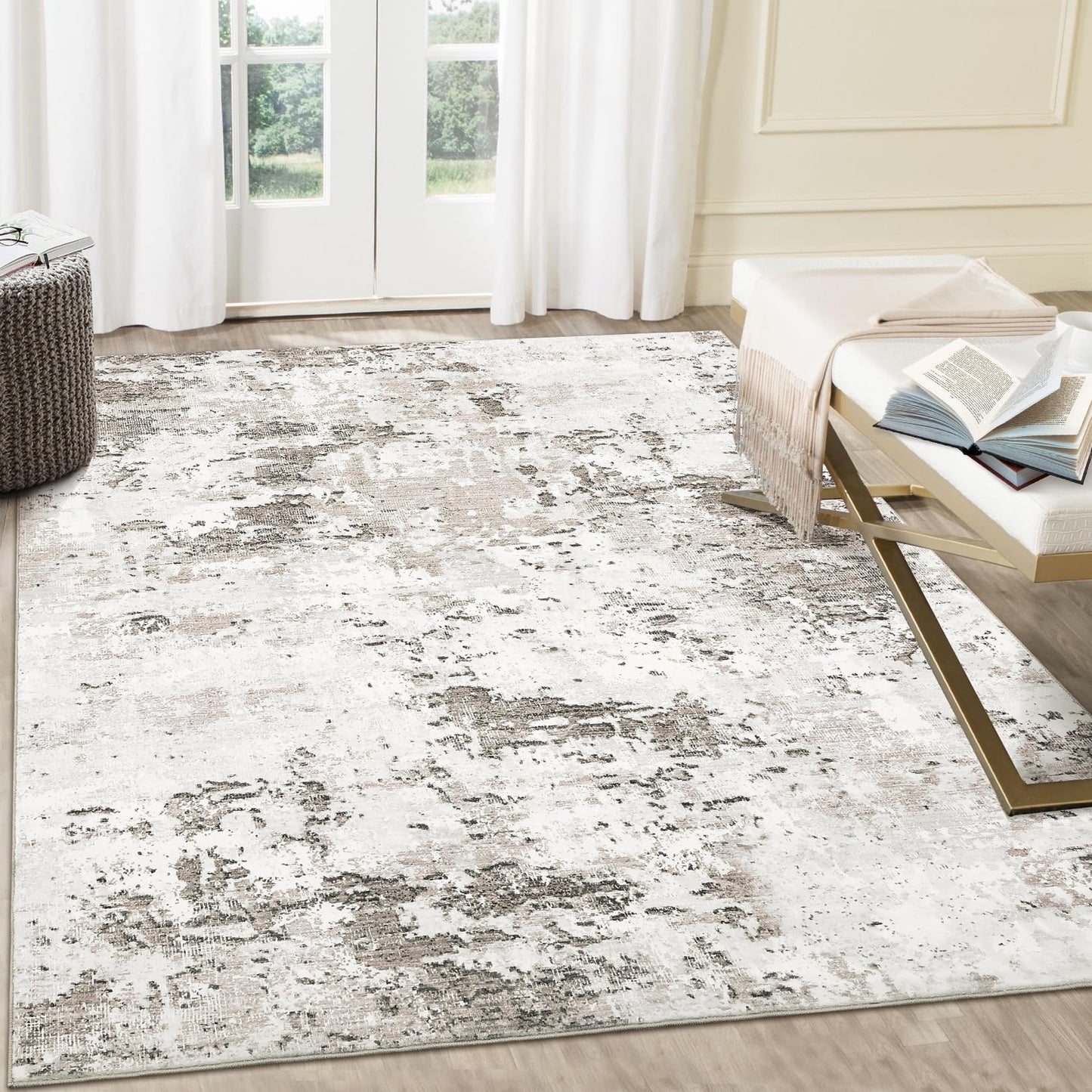 ROYHOME 9x12 Modern Abstract Accent Rug Non Slip Stain Resistant Throw Rug Low Pile Machine Washable Indoor Floor Cover for Living Room Bedroom Office Home Decor, Taupe/Beige