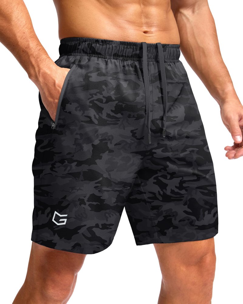 G Gradual Men's Athletic Running Shorts with Zipper Pockets Quick Dry 7"/ 5"/ 9" Workout Gym Shorts for Basketball Hiking(Grey Camo,7S)