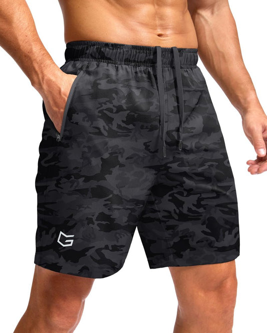 G Gradual Men's Athletic Running Shorts with Zipper Pockets Quick Dry 7"/ 5"/ 9" Workout Gym Shorts for Basketball Hiking(Grey Camo,7S)