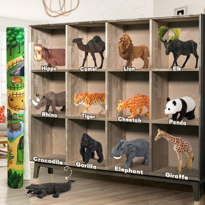 FRUSE Safari Animals Figures Toys with 145x98cm Jumbo Play Mat,12PCS Jungle Zoo Animals Playset with Lion,Elephant,Educational Learning Toys for Kids