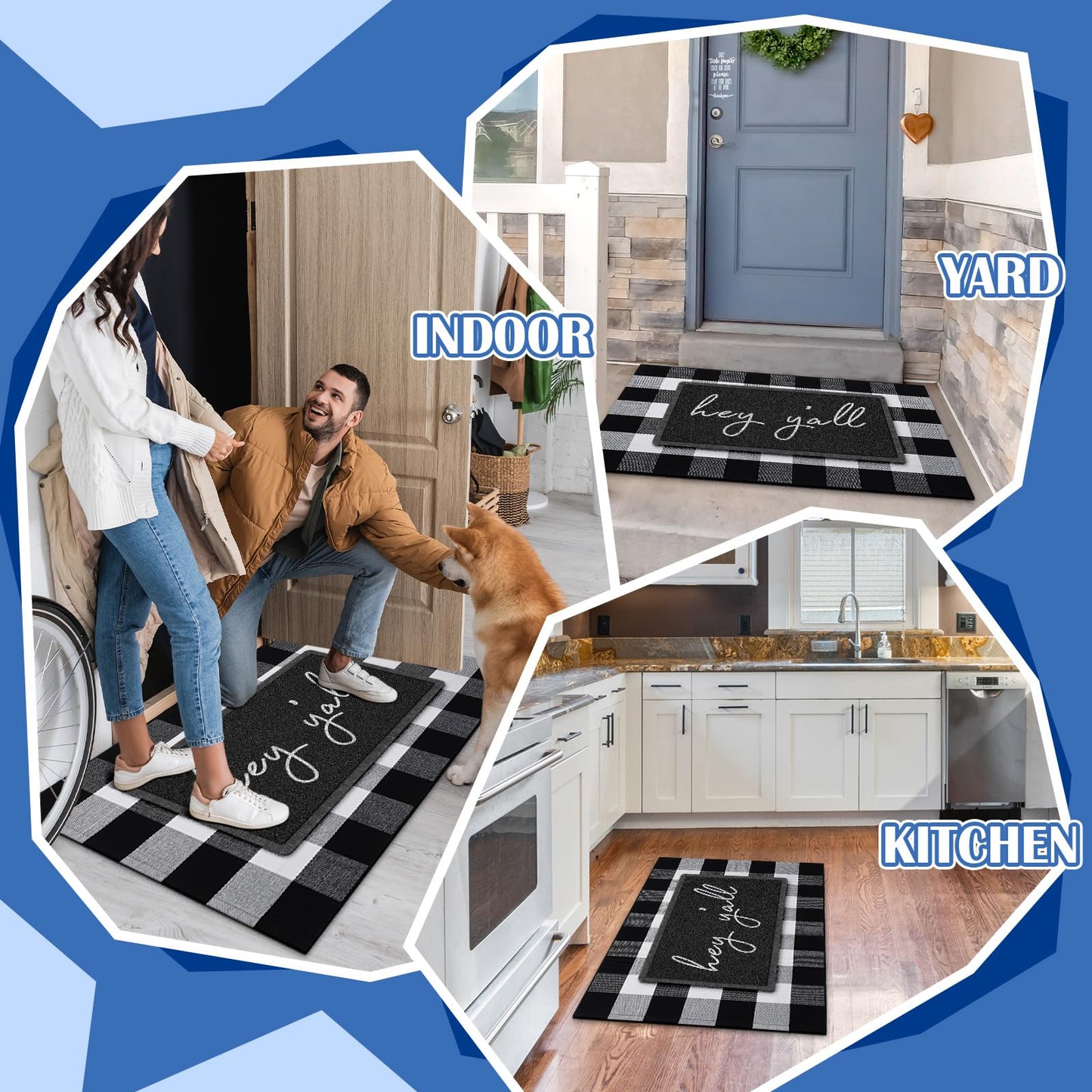 Geelin 2 Pcs Hey Y'all Welcome Mat 30'' x 18" and 43'' x 27.5'' Black White Buffalo Plaid Checkered Rug Layered Front Door Mat for Indoor Outdoor Entrance Home Coir Doormats Decor