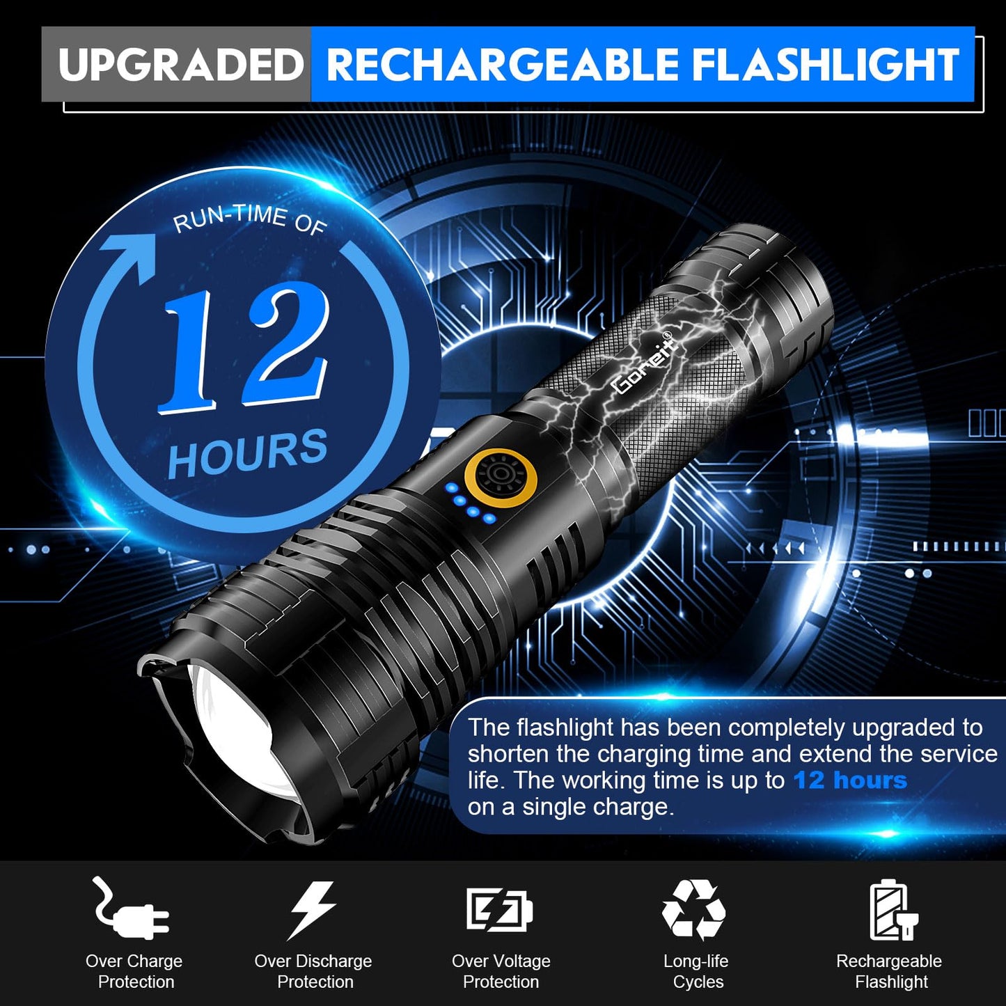 Goreit Flashlights LED High Lumens Rechargeable, 2000 Lumens XHP70.2 Super Bright Flashlight, Flash Light Battery Powered, Powerful Handheld Flashlight with Holster for Emergency Camping Hiking Gift