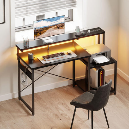 AODK Computer Desk, 48 Inch Gaming Desk with Led Lights & Power Outlet, Office Desk with Printer Storage Shelves, Reversible Desk with Monitor Shelf & Headphone Hook, Carbon Fiber Black