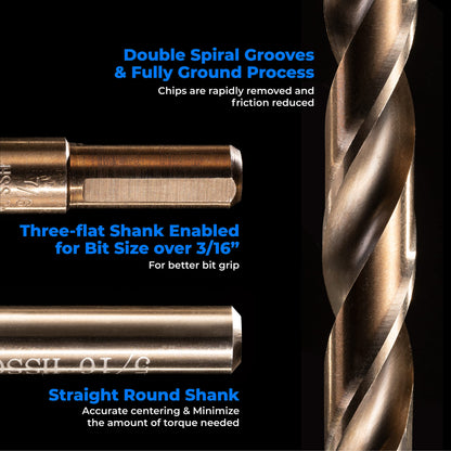 AMOOLO Cobalt Drill Bit Set 23Pcs (1/16"-3/8"), M35 High Speed Steel Metal Drill Bits Jobber Length for Hardened Metal, Stainless Steel, Cast Iron, Plastic and Wood