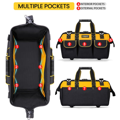 WINHUNT Heavy Duty Tool Bag with Adjustable Shoulder Strap, Waterproof Wide Open Mouth Tools Storage Organiser, 15 Inch, Yellow