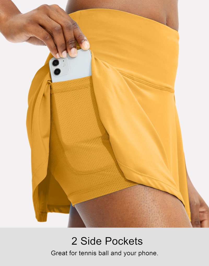 SANTINY Pleated Tennis Skirt for Women with 4 Pockets Women's High Waisted Athletic Golf Skorts Skirts for Running Casual (Yellow_XXS)