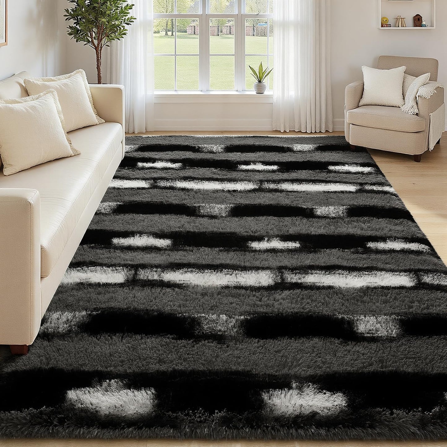 FALARK Fluffy Area Rugs for Bedroom Living Room, 4x6 Black and Grey Soft Plush Striped Rug, Modern Indoor Non Slip Washable Carpet, Furry Throw Carpets for Home Decor