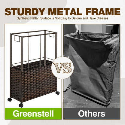 Greenstell Laundry Hamper with Wheels, 17.4 Gallon (66L) Slim Laundry Basket with 2 Removable Liner Bags & 2 Mesh Bags, Narrow Rattan Clothes Hamper for Bedroom, Laundry Room, Bathroom, Brown