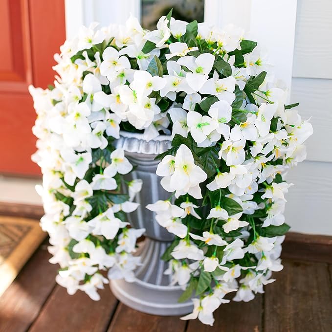 HyeFlora Bougainvillea Artificial Hanging Flowers Plants for Outdoors Decoration, 2pcs Fake Flowers Silk Bougainvillea Vines Realistic UV Resistant Faux Flowers for Outdoor Planters Patio Urn, White