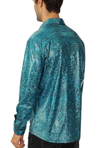 WULFUL Men Dress Shirt Sequins Long Sleeve Button Down Shirt Luxury Disco Party Nightclub Christmas Prom Costume