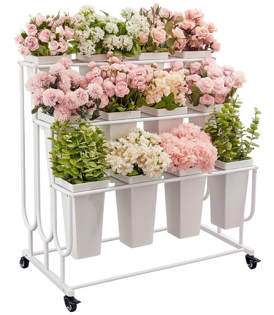 FEFZSFER Flower Display Stand Frame, 3-Tier Flower Cart with Wheels, Metal Floral Display Rack , Moving Florist Bouquet Shelf for Shop ,Flower Bar, Events, without Buckets(White, 3 Tier)