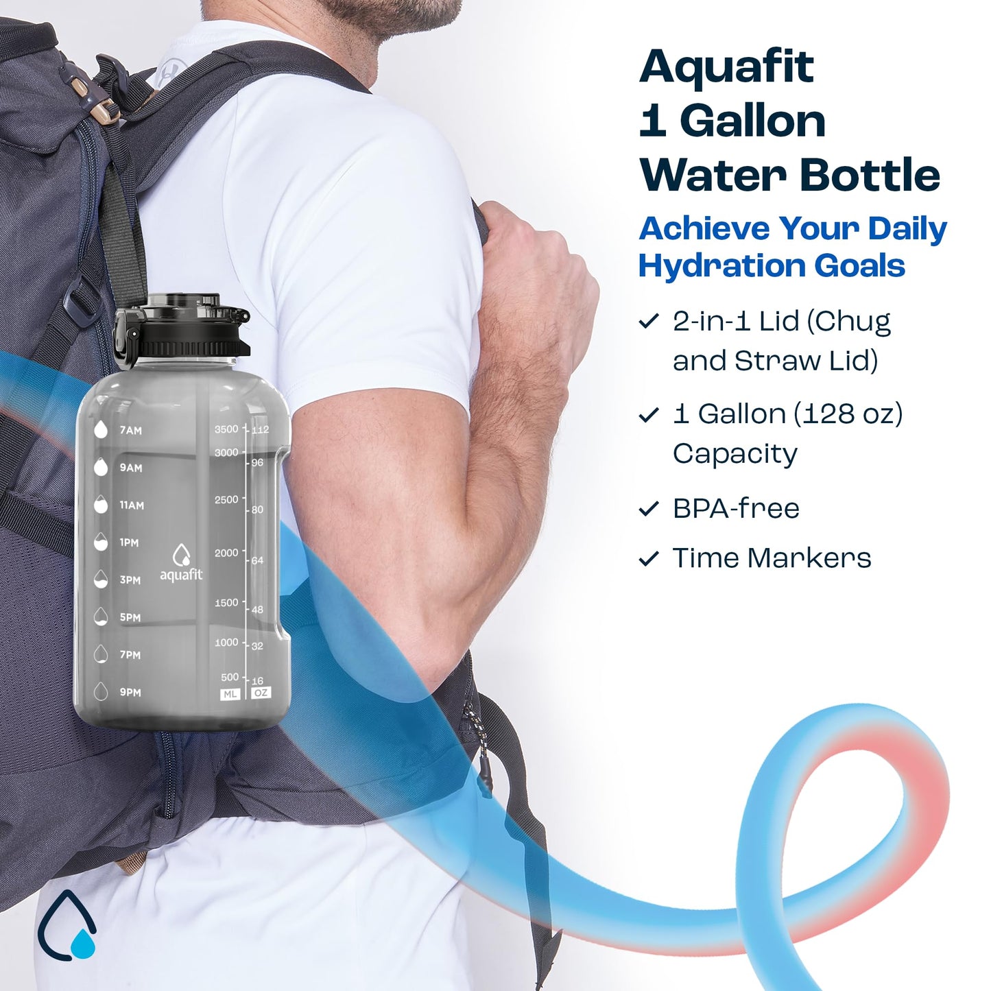 AQUAFIT 1 Gallon Water Bottle with Time Marker - Straw & Chug Lid - BPA Free Gym Water Bottle with Straw - Big Gallon Jug (Gray, 128 oz - 2in1 Lid)