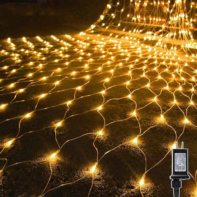 WATERGLIDE Outdoor Christmas Net Lights, 12FT x 5FT 360 LED Fairy String Light with 8 Lighting Modes, Connectable Light for Garden Tree Bushes, Holiday Wedding Party Decorations, Warm White
