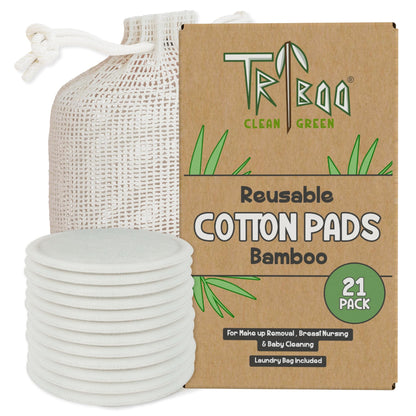 TRIBOO (21-Pack) Reusable Cotton Pads, Super Soft Bamboo Cotton Wool Pads, Reusable Makeup Remover Pads with Skin Care Hacks E-Book, Large Cotton Wool Pads for Face, Breast Pads & Baby