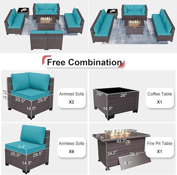Kurapika 10 Pieces Patio Furniture Set, Rattan Wicker Outdoor Conversation Sets w/43in Propane Fire Pit Table and 4 Inch Cushion(Blue)