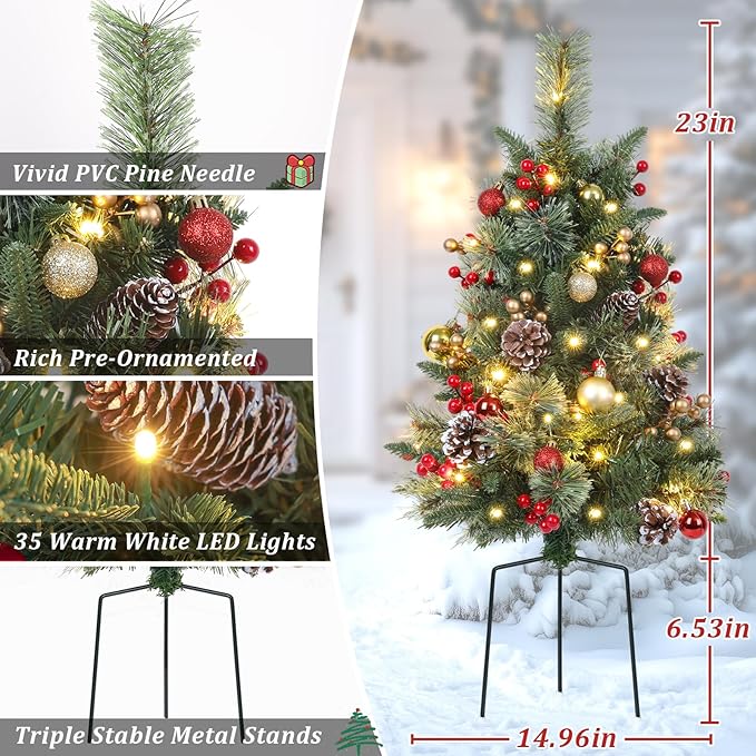 Set of 2 Outdoor Pathway Christmas Trees, 30in Artificial Xmas Tree with 35 LED Lights, 8 Lighting Modes & Timer, Red & Gold Berries, Ball Ornaments, Holiday Décor for Driveway, Porch, Yard