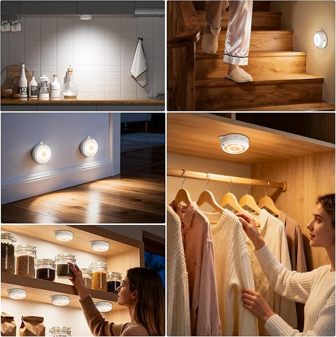 YiaMia Indoor Motion Sensor Night Light - 3 Pack, Smart Under Cabinet Lighting, 3 × AA Battery Operated Wireless Stair Light, Dimmable Puck Lights Suitable for Kitchens, Wardrobes, Hallway