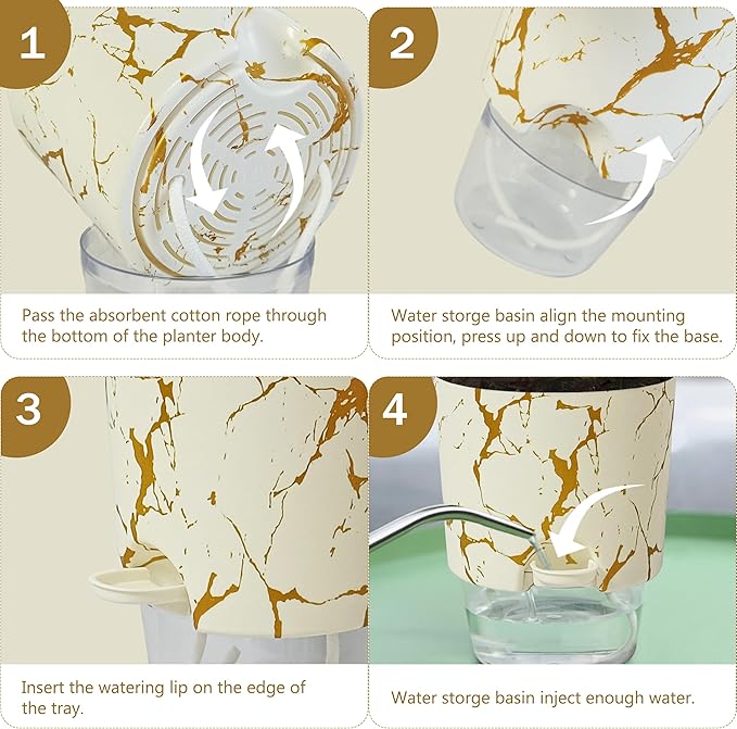 4.8 Inch Self Watering Pots for Indoor Plants 2 Pack, Plastic Modern Decorative Plant Pots with Transparent Water Reservoir, Outdoor Garden Flower Herb Succulent Pot, Marble Printed