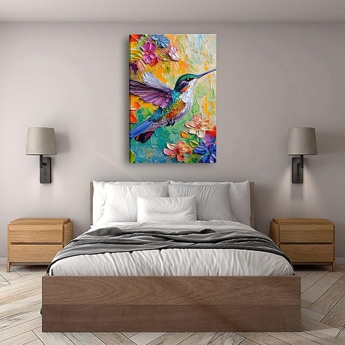 2D No Texture Colorful Painting Hummingbird Canvas Wall Art, Spring Flower Wall Decor, Hummingbird Picture for Wall Living Room Bathroom Bedroom Home Decoration 12*18 in (Stretched Canvas on A Wooden Frame)