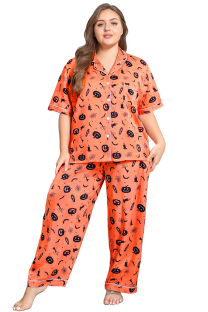 Vozanet Women's Plus Size Pajamas Button Down Shirt and Pants Soft Lounge Sets Bride Nighty Bottom with Pockets 1x to 5x, Orange Black, 4X-Large