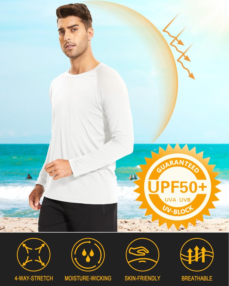 MAGCOMSEN Men's Rash Guard Swim UPF 50 UV Sun Protection Athletic Long Sleeve Shirt for Fishing, Running, Hiking, Gym,Workout White