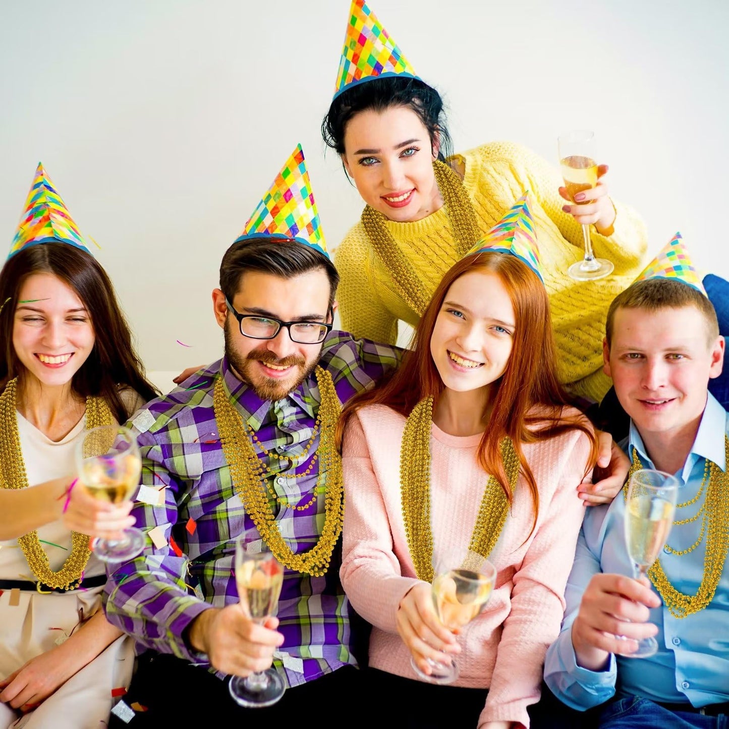 Gold Bead Necklace, 24PCS Christmas Bead Necklaces Stuff, 33" Mardi Gras Xmas Beaded Necklace Costume, Festival Parade Throw Accessories for Wedding Birthday Pirate Party Baby Shower Supplies Decor