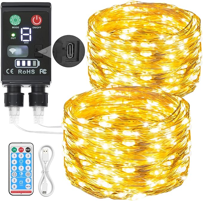 Lakumu 2-in-1 Rechargeable Fairy Lights Battery Operated, 132FT(2×66) Twinkle Lights with Remote & Timer, 400 LED String Lights for Bedroom Waterproof Outdoor Camping, Christmas Decorations Warm White