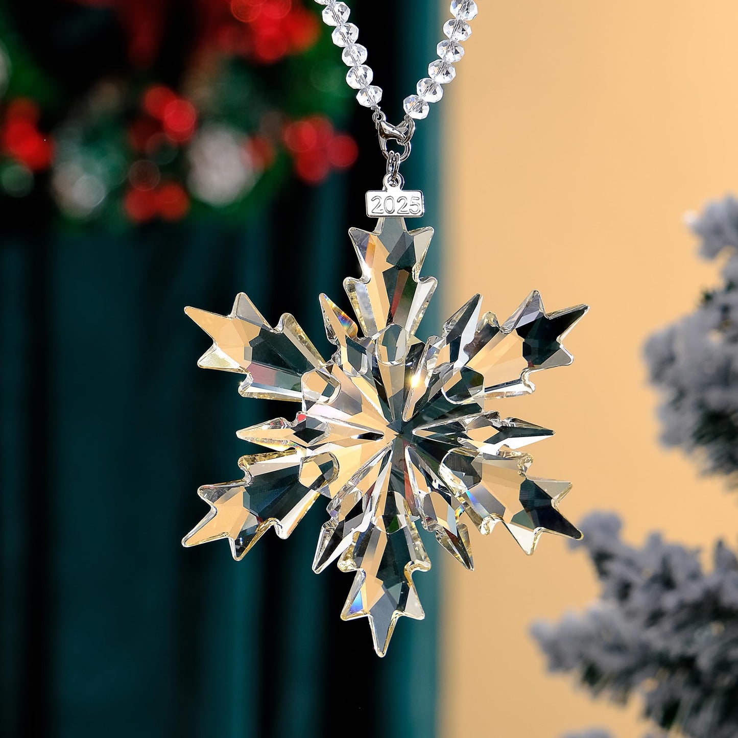 2025 Annual Christmas Ornaments Crystal Snowflake Star Clear White Faceted Crystal with Tone Metal Accents and Rayon Ribbon-New Year Christmas Tree Ornaments Crystals Sun Catcher Home Hanging Decor