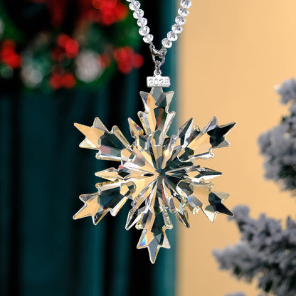 2025 Annual Christmas Ornaments Crystal Snowflake Star Clear White Faceted Crystal with Tone Metal Accents and Rayon Ribbon-New Year Christmas Tree Ornaments Crystals Sun Catcher Home Hanging Decor