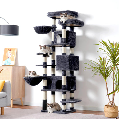 Hey-brother Cat Tree, 74 inches Multi-Level XL Large Cat Tower for Indoor Cats with Three Cat Condos, Two Large Top Decks and Cat Hairbrushfor Kittens, Cats and Pets, Smoky Gray MPJ035-MG