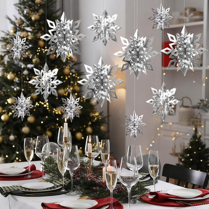 CCINEE 12 Pieces 3D Silver Snowflake Hanging Garland, Christmas Iridescent Paper Snowflakes String Ornaments for Classroom Ceiling Winter Wonderland Wall Hang Holiday New Year Home Decorations