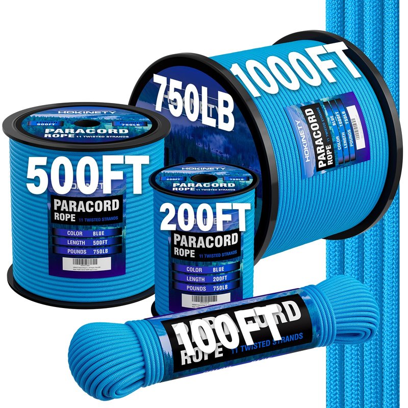 HOKINETY Paracord Rope 750 - Parachute para Cord 4mm 11 Strand Spool Rope Utility Nylon String for Outdoor Camping Survival Utility Tent Crafting DIY Projects - Blue 100ft