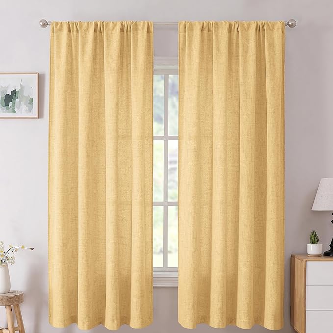 Tollpiz Linen Curtains Living Room Rod Pocket Semi Sheer Curtain Burlap Light Filtering Thick Linen Drapes for Bedroom, 38 x 63 inches Long, Beige, Set of 2 Panels