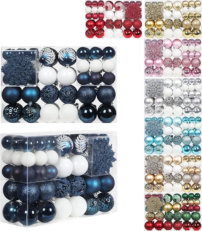 SY CRAFT 86 Pieces of Assorted Shatterproof Christmas Ball Snowflake Ornaments Seasonal Decorative Hanging Ornament Set with Hand-held Gift Package for Xmas Tree Decorations - Dark Blue