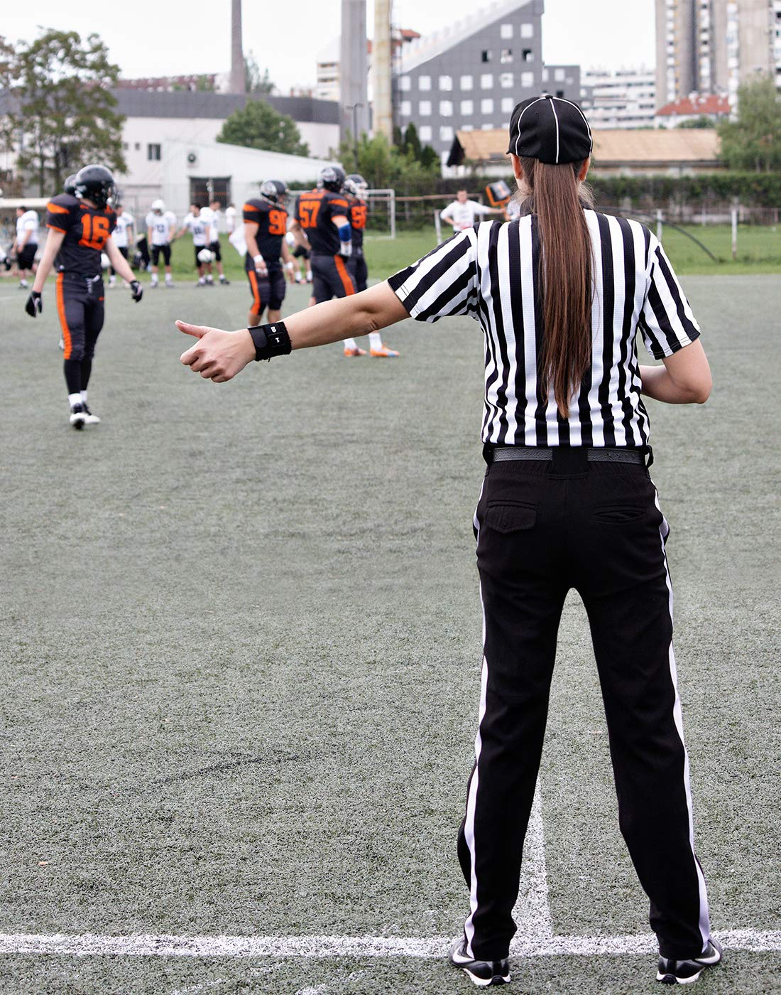 ChinFun Official Referee Costume Shirt Women's Ref Shirt Zipper Collared Black and White Stripe Umpire Jersey Shirt for Basketball Football Soccer Rugby Sports Halloween Size 2XL