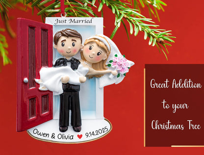 UniqXmas Personalized Our First Christmas Married Ornament 2025 | Customized Wedding Couple Threshold, Groom Carrying Bride for Xmas Tree | Just Married Newlyweds Marriage Keepsake | Custom Name Year