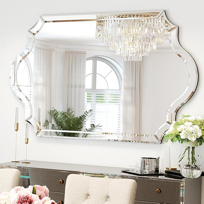 Chende Arched Wall Mirror with Beveled Edge and Glass Frame, 28" x 40" Decorative Mirror for Decor Living Room, Bathroom, Dining Room, Bedroom, Horizontal/Vertical Hanging