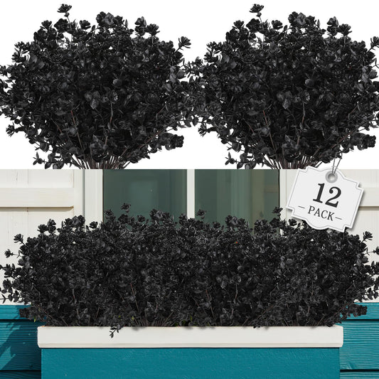 AGIRL 12 Bundles Black Artificial Flowers for Outdoor,No Fade Fake Plastic Flowers Faux Plants for Halloween Decor,Hanging Planters Decoration Indoor Outside Garden Porch Window Box Home Party